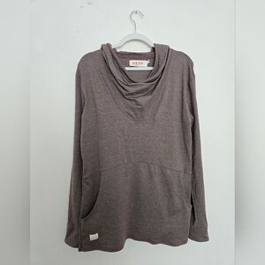 DESO grey/purple hooded pullover with large front pocket, open back | Size M